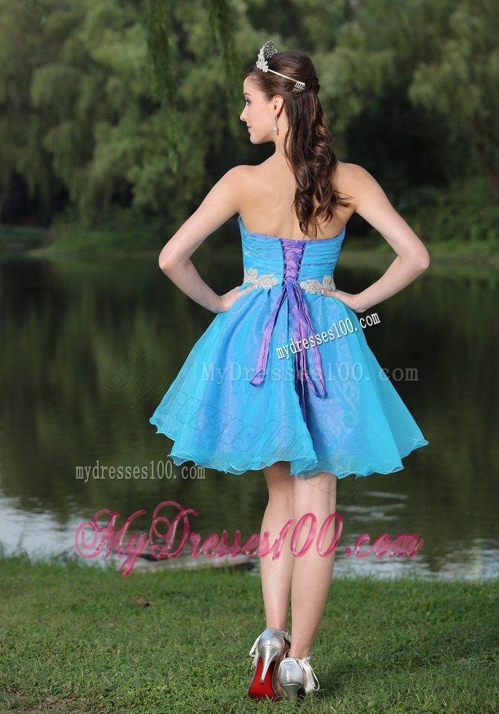 Short Hand Made Beaded Organza Aqua Blu Prom Evening Dresses with Appliques
