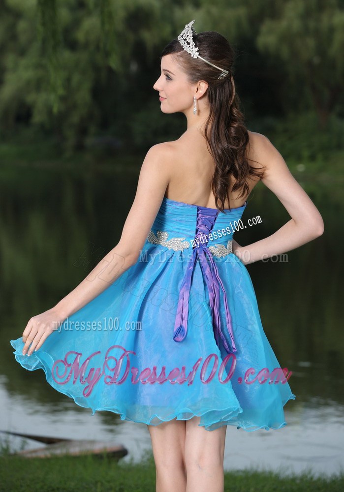 Short Hand Made Beaded Organza Aqua Blu Prom Evening Dresses with Appliques