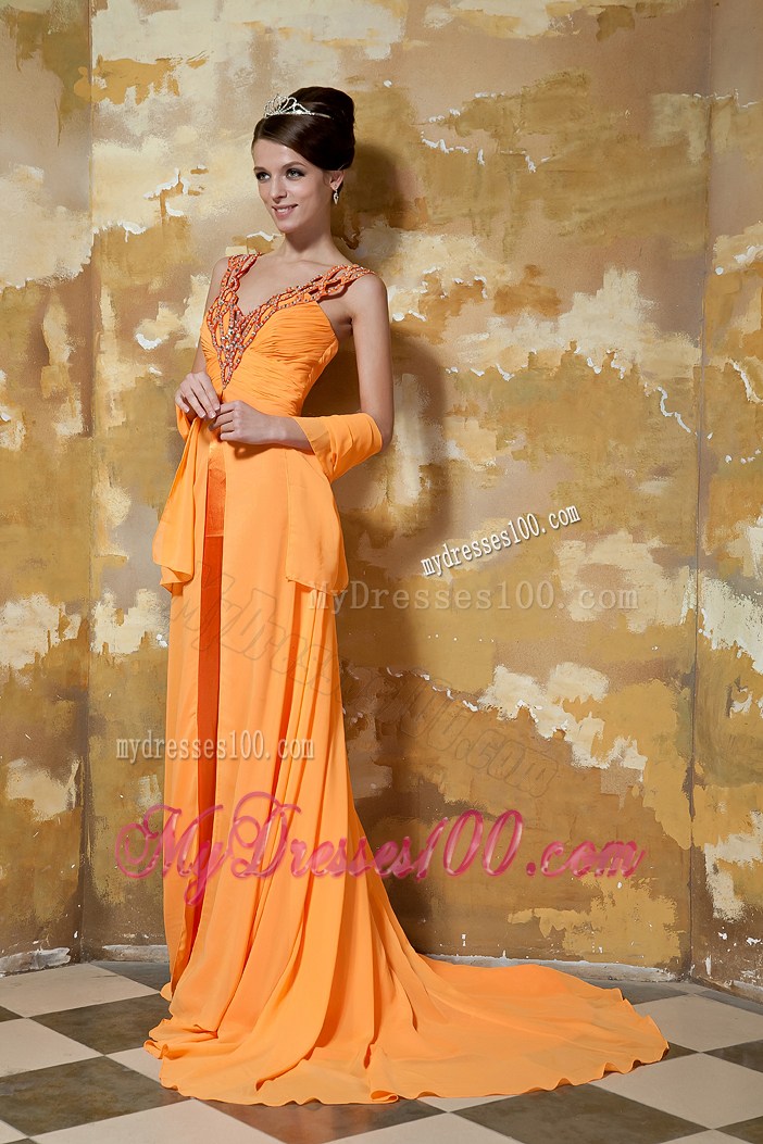 Beading Accent on V-neck Orange Chiffon Prom Dresses with Court Train