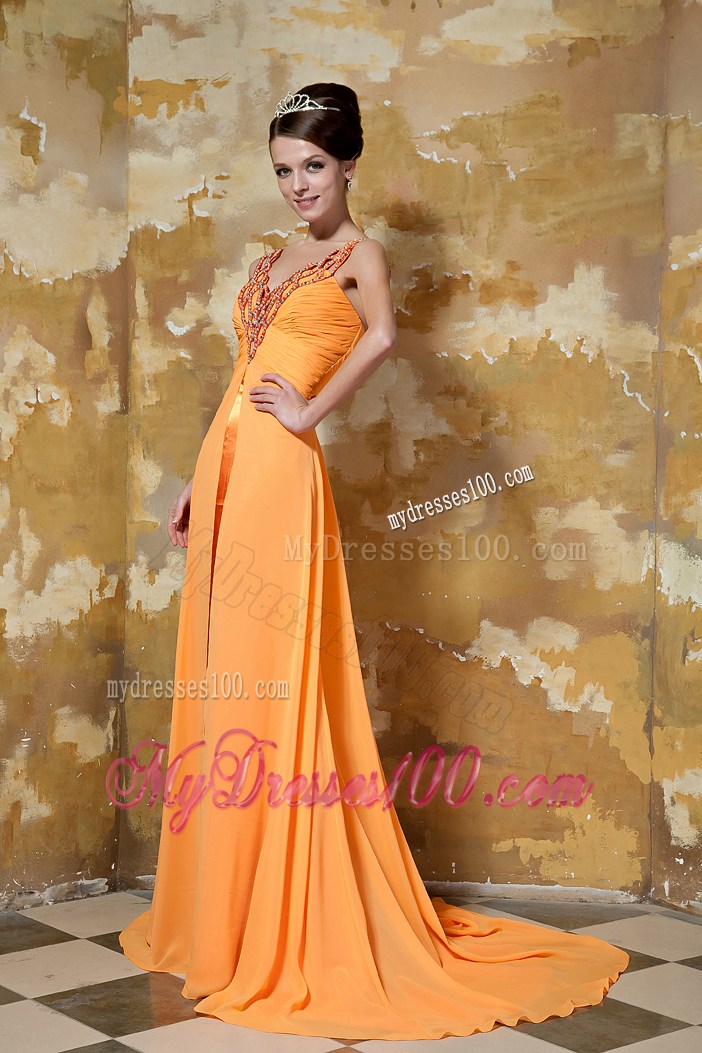 Beading Accent on V-neck Orange Chiffon Prom Dresses with Court Train