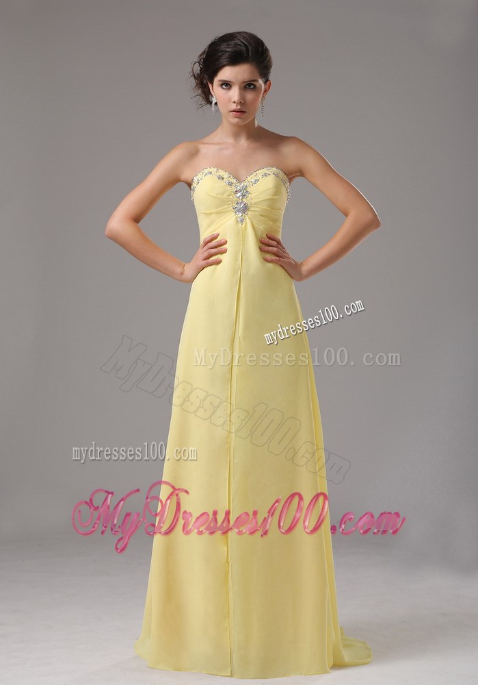 Light Yellow Empire Brush Train Chiffon Prom Dress with Beading and Ruches