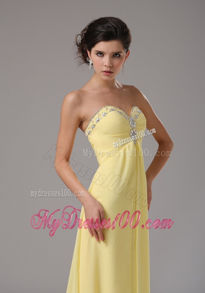 Light Yellow Empire Brush Train Chiffon Prom Dress with Beading and Ruches