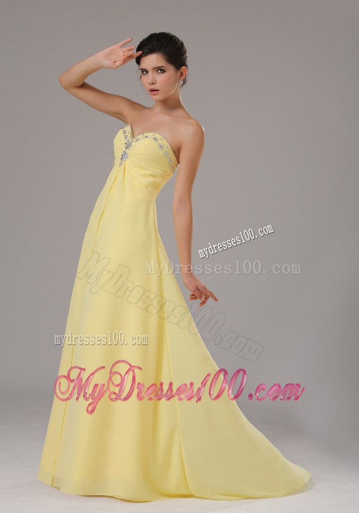 Light Yellow Empire Brush Train Chiffon Prom Dress with Beading and Ruches