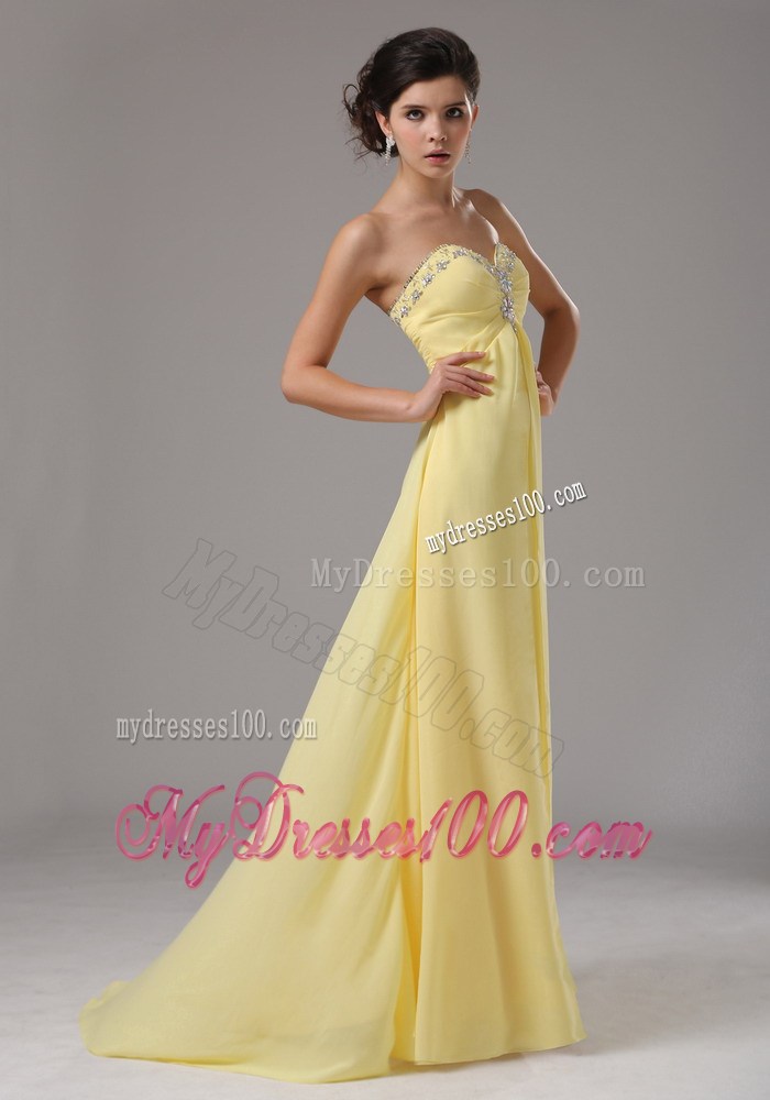 Light Yellow Empire Brush Train Chiffon Prom Dress with Beading and Ruches