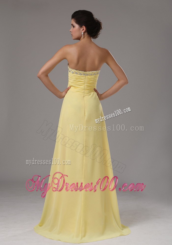 Light Yellow Empire Brush Train Chiffon Prom Dress with Beading and Ruches