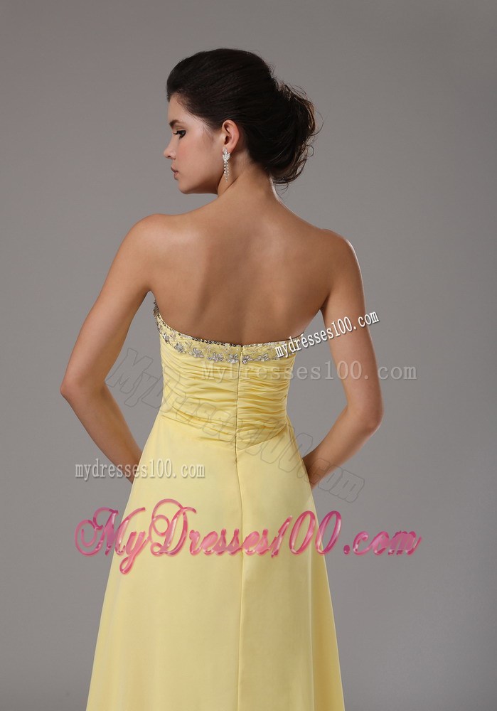 Light Yellow Empire Brush Train Chiffon Prom Dress with Beading and Ruches