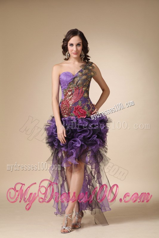 Purple Asymmetrical Dresses For Prom with Rolling Flowers and Peacock Appliques