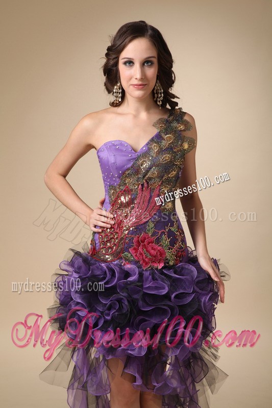 Purple Asymmetrical Dresses For Prom with Rolling Flowers and Peacock Appliques