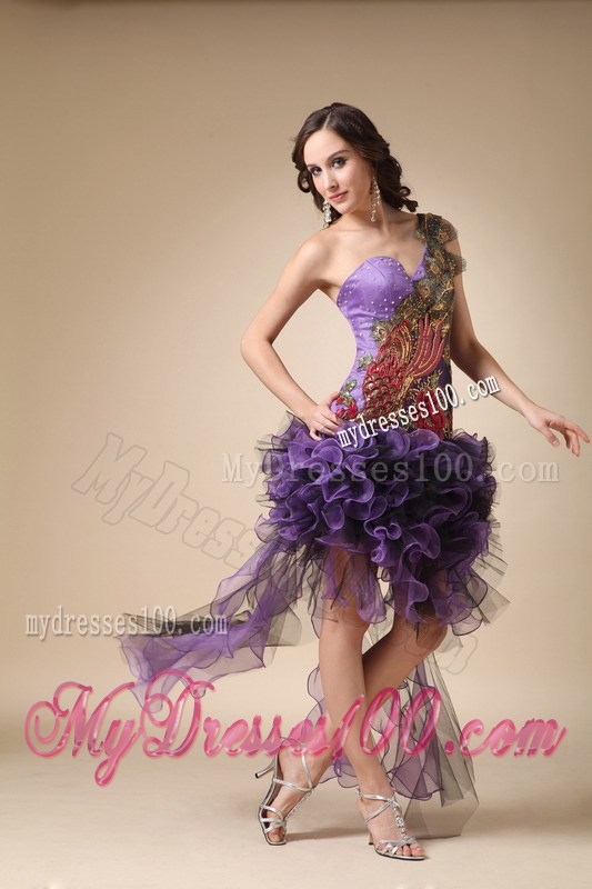 Purple Asymmetrical Dresses For Prom with Rolling Flowers and Peacock Appliques