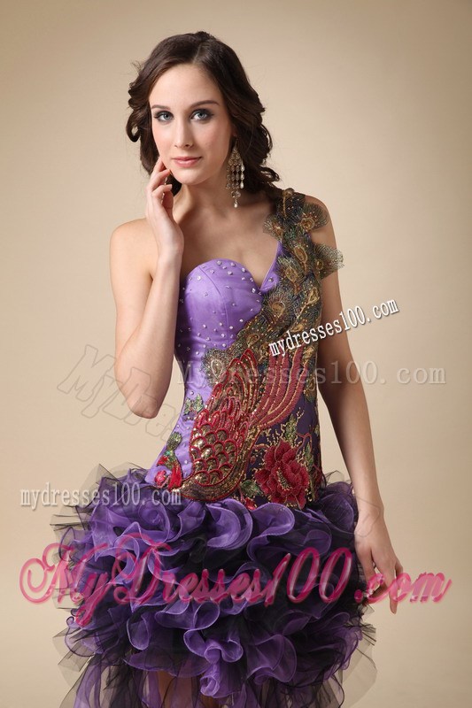 Purple Asymmetrical Dresses For Prom with Rolling Flowers and Peacock Appliques