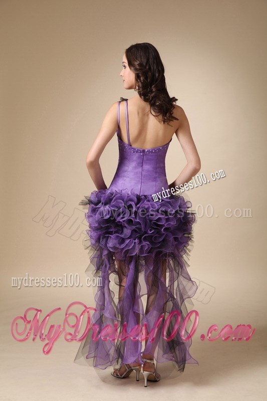 Purple Asymmetrical Dresses For Prom with Rolling Flowers and Peacock Appliques