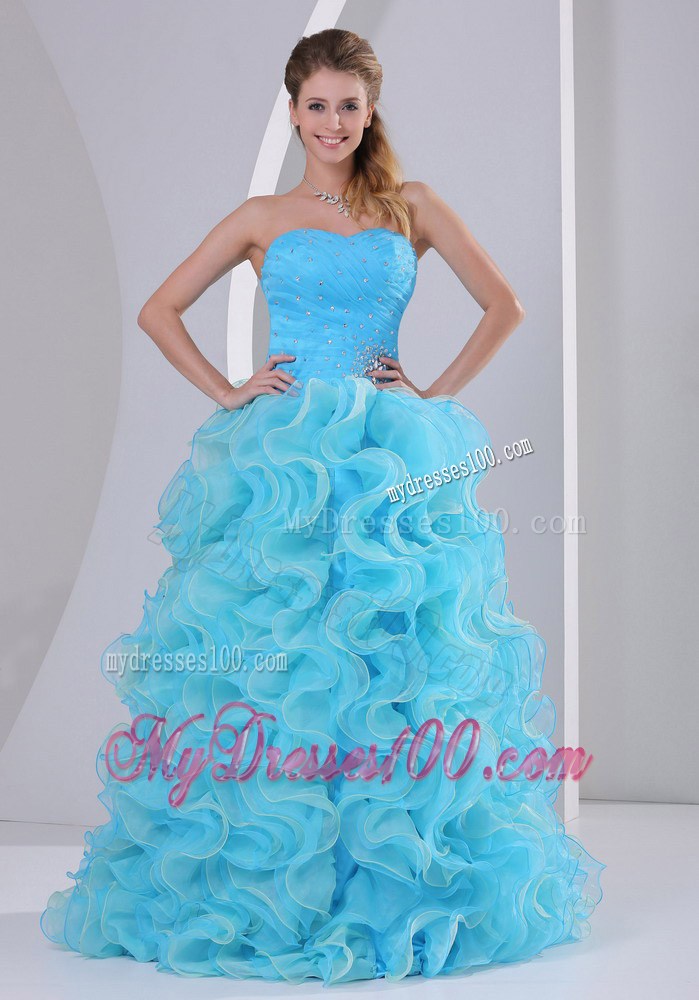 Beautiful Aqua Blue Sweetheart Prom Dress with Beading and Ruffles
