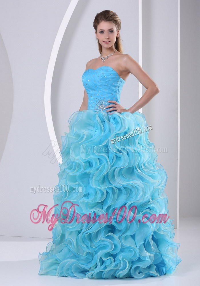 Beautiful Aqua Blue Sweetheart Prom Dress with Beading and Ruffles