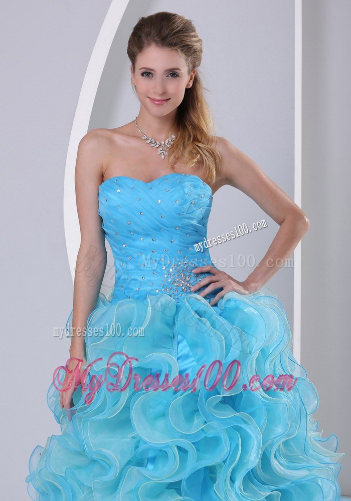 Beautiful Aqua Blue Sweetheart Prom Dress with Beading and Ruffles