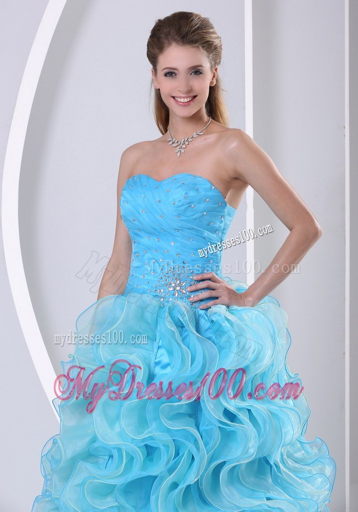 Beautiful Aqua Blue Sweetheart Prom Dress with Beading and Ruffles