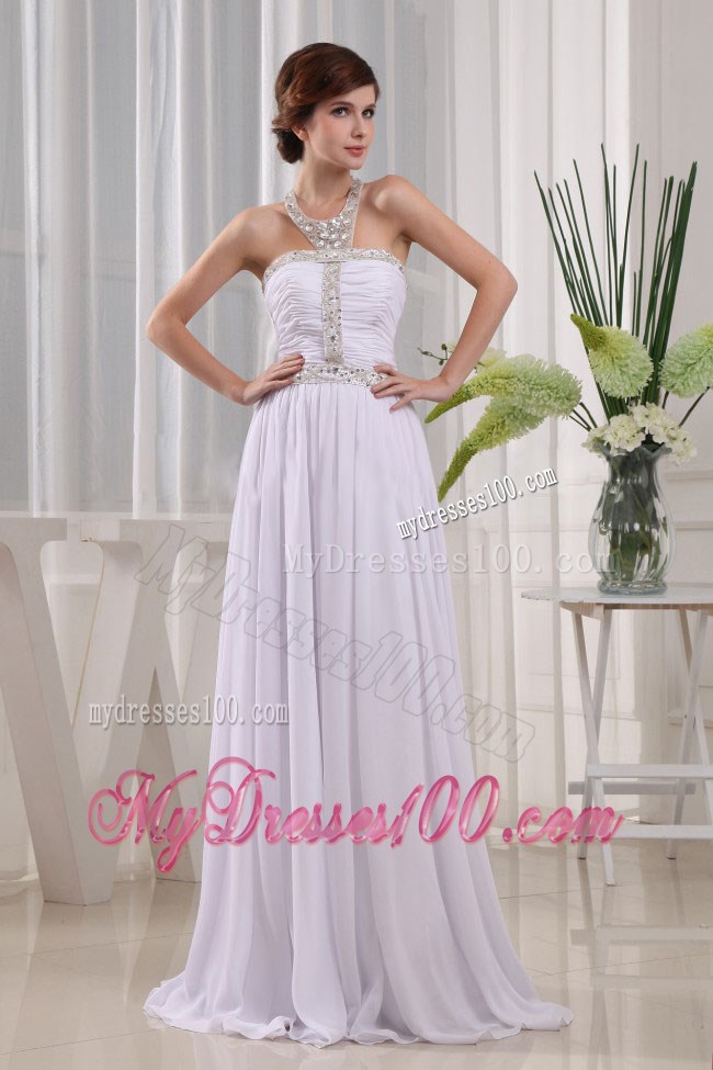 Halter Beading and Ruches Accent White Chiffon Floor-length Prom Gown