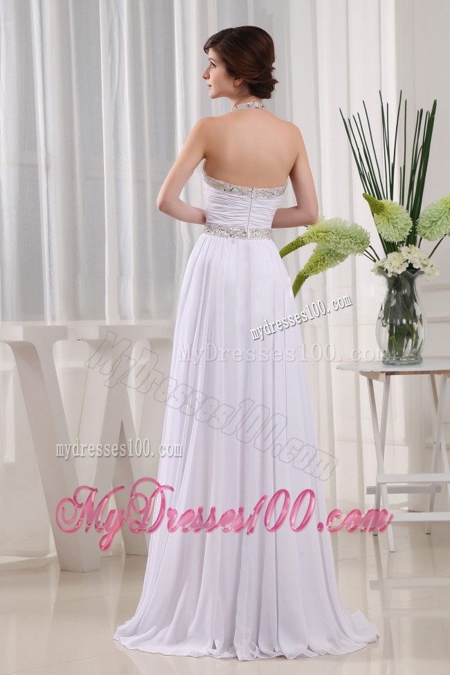 Halter Beading and Ruches Accent White Chiffon Floor-length Prom Gown