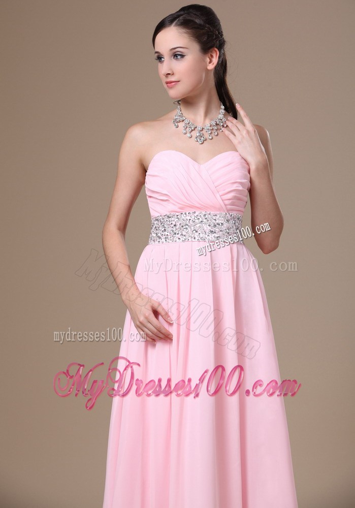 Strapless Beaded Decorate Waist t Pink Prom Dress with Sash On The Back