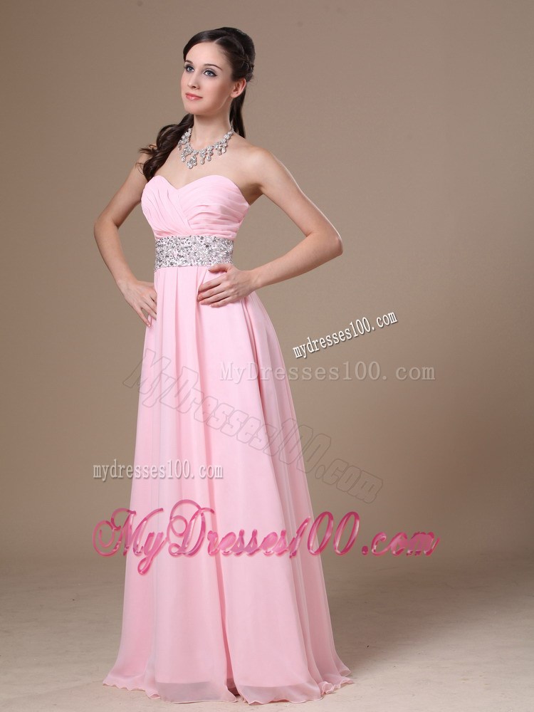 Strapless Beaded Decorate Waist t Pink Prom Dress with Sash On The Back