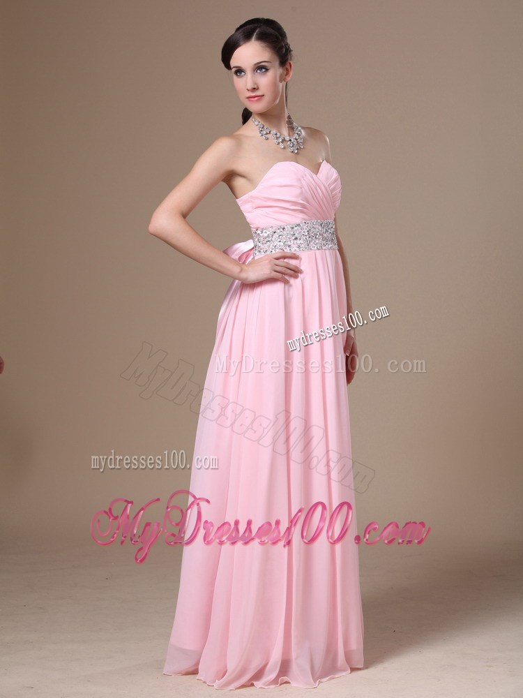 Strapless Beaded Decorate Waist t Pink Prom Dress with Sash On The Back