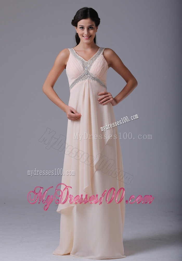 Exquisite V-neck Beaded and Ruffled Floor-length Prom Dresses in Baby Pink
