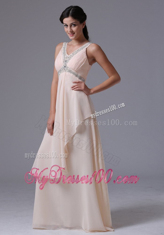 Exquisite V-neck Beaded and Ruffled Floor-length Prom Dresses in Baby Pink