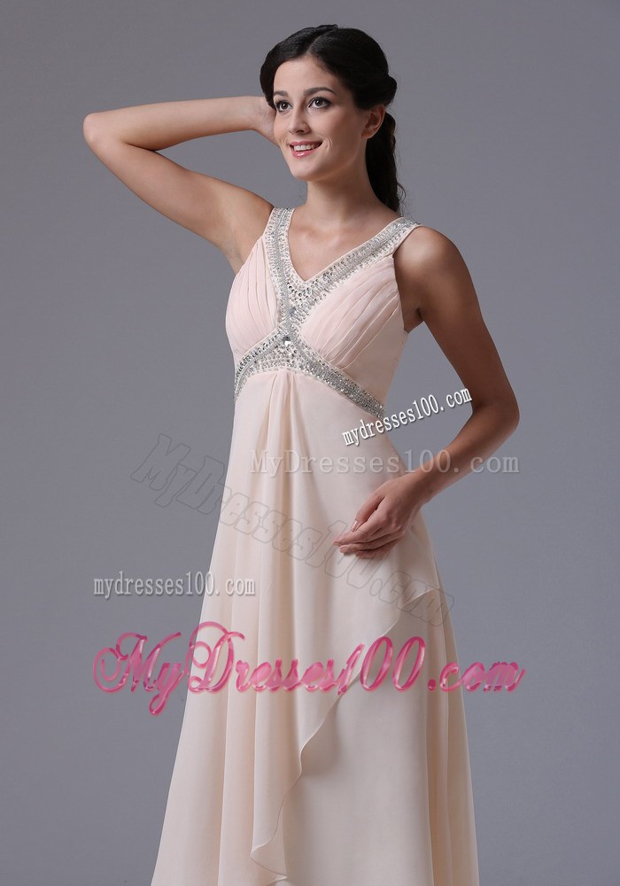 Exquisite V-neck Beaded and Ruffled Floor-length Prom Dresses in Baby Pink