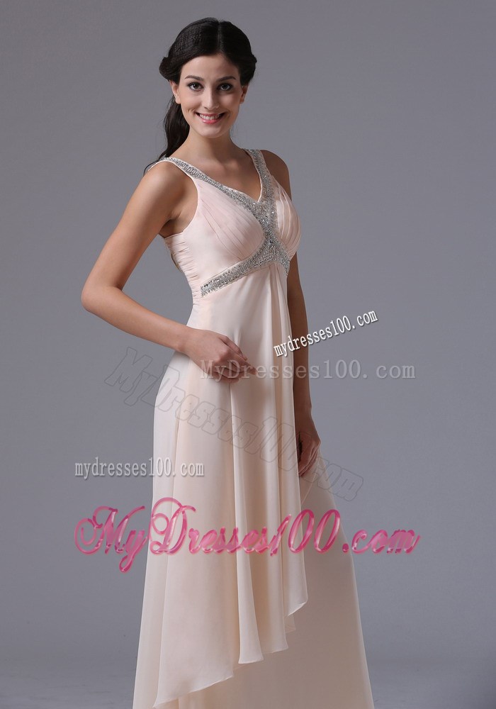 Exquisite V-neck Beaded and Ruffled Floor-length Prom Dresses in Baby Pink