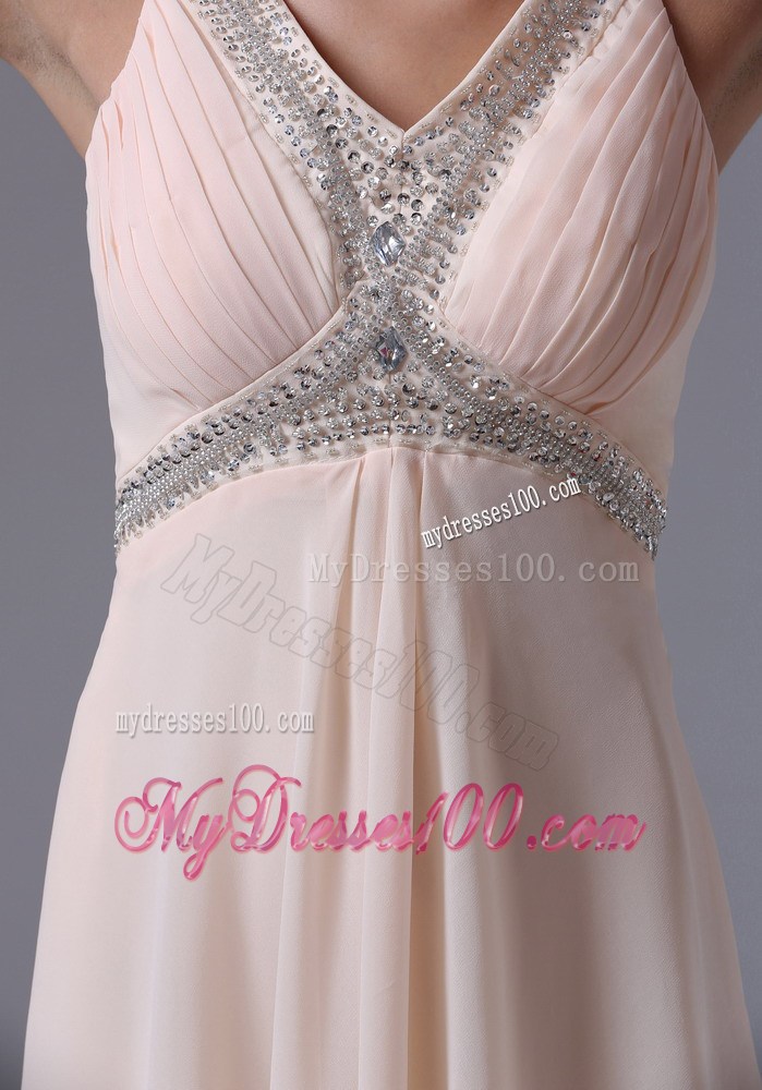 Exquisite V-neck Beaded and Ruffled Floor-length Prom Dresses in Baby Pink