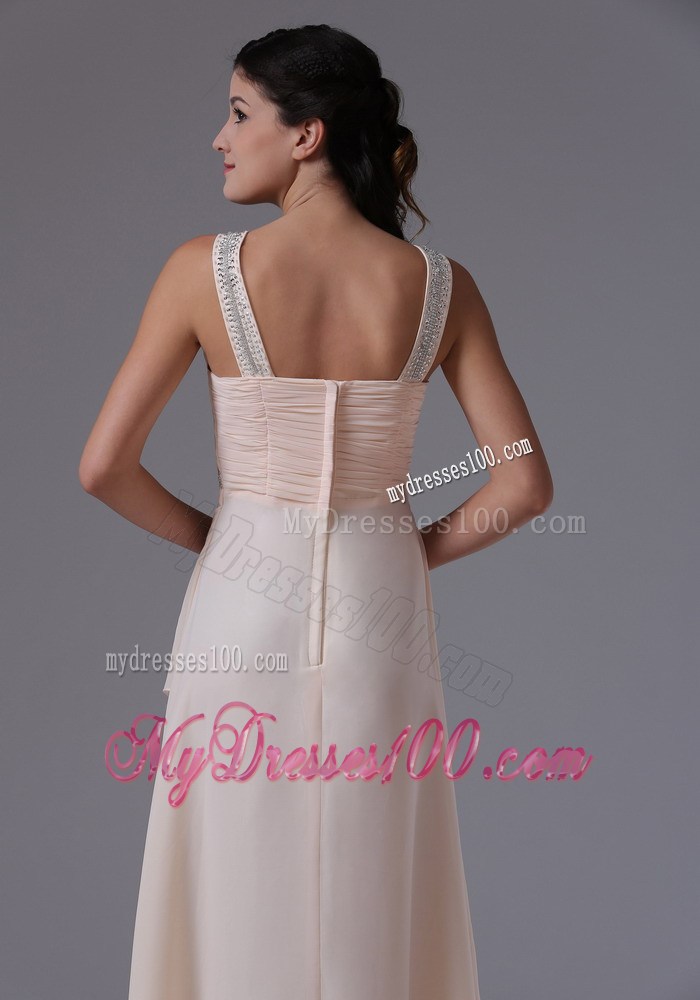 Exquisite V-neck Beaded and Ruffled Floor-length Prom Dresses in Baby Pink