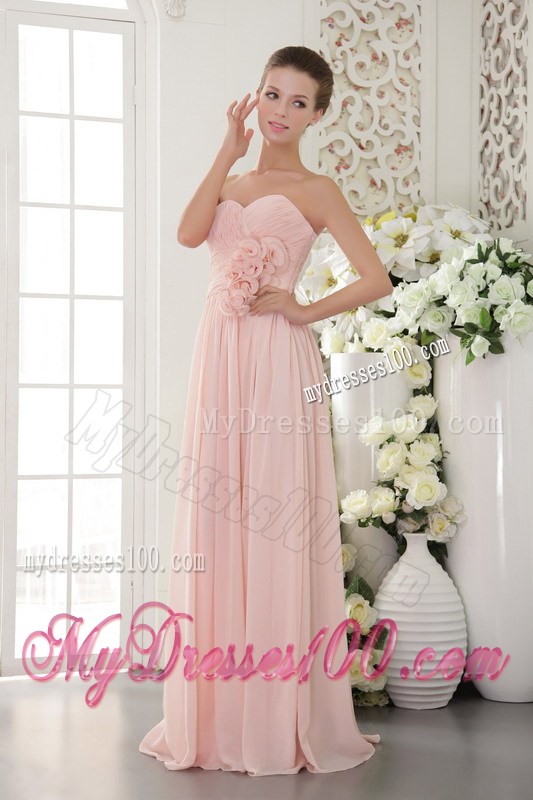 Pink Sweetheart Floor-length Chiffon Prom Dress with Hand Made Flowers