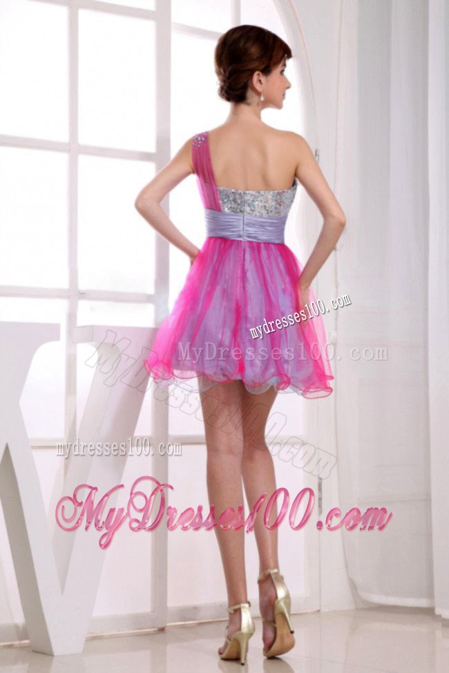 A-line One Shoulder Hot Pink Organza Mini-length Beaded Prom Dress
