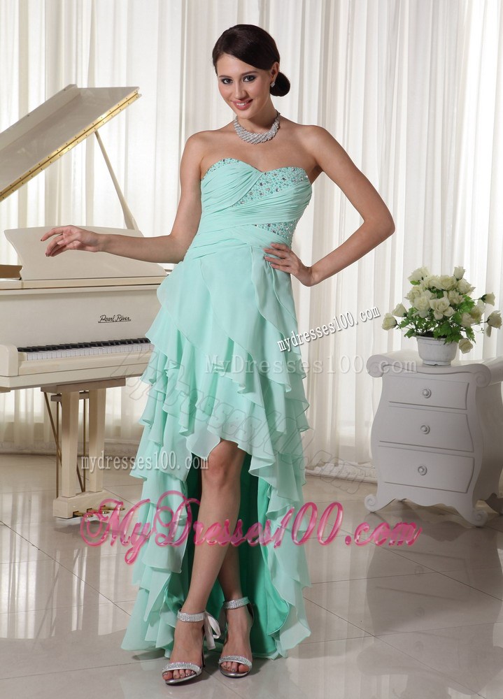 Apple Green Chiffon Layered High Low Prom Dress With Sweetheart Empire Beading and Ruch Decorate Up Bodice