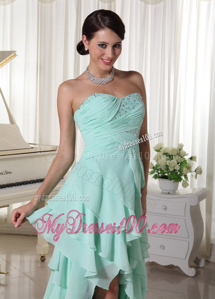 Apple Green Chiffon Layered High Low Prom Dress With Sweetheart Empire Beading and Ruch Decorate Up Bodice