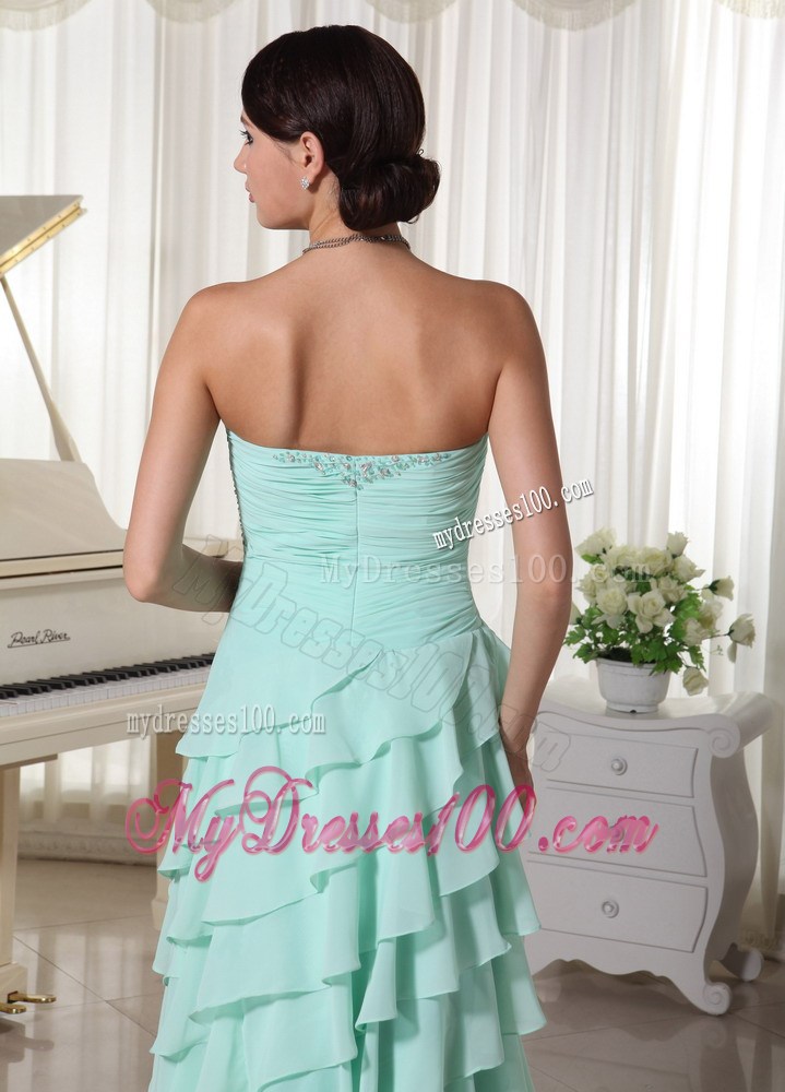 Apple Green Chiffon Layered High Low Prom Dress With Sweetheart Empire Beading and Ruch Decorate Up Bodice
