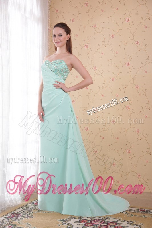 Apple Green Column Sweetheart Brush Train Prom Dress with Beading