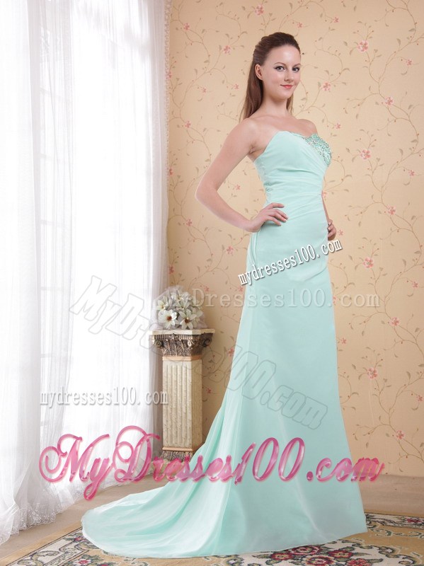 Apple Green Column Sweetheart Brush Train Prom Dress with Beading