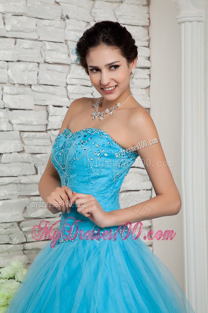 Aqua Blue Princess Tulle Dresses for Prom with Beading and Lace-up 2013