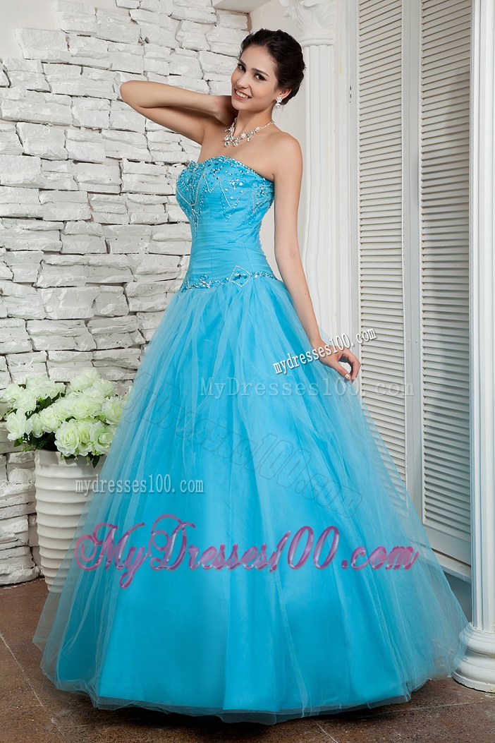 Aqua Blue Princess Tulle Dresses for Prom with Beading and Lace-up 2013