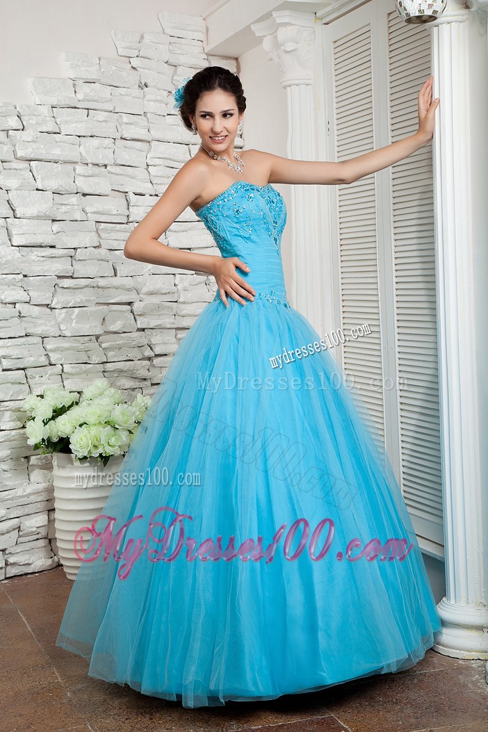 Aqua Blue Princess Tulle Dresses for Prom with Beading and Lace-up 2013