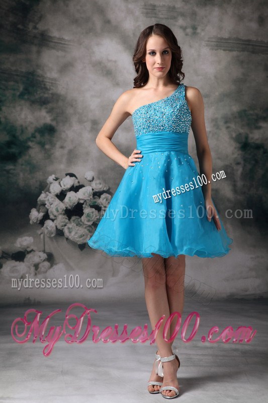Mini-length Aqua Blue A-line One Shoulder Organza Prom Gown with Beading