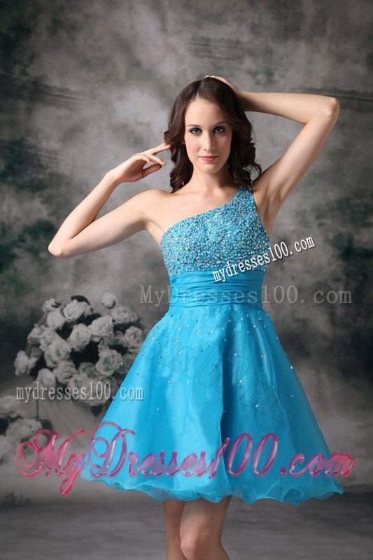 Mini-length Aqua Blue A-line One Shoulder Organza Prom Gown with Beading