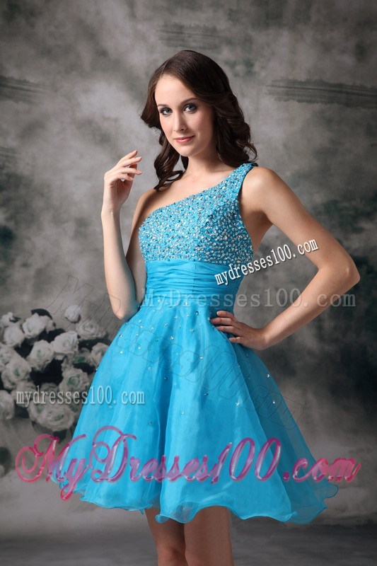 Mini-length Aqua Blue A-line One Shoulder Organza Prom Gown with Beading