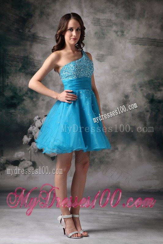 Mini-length Aqua Blue A-line One Shoulder Organza Prom Gown with Beading