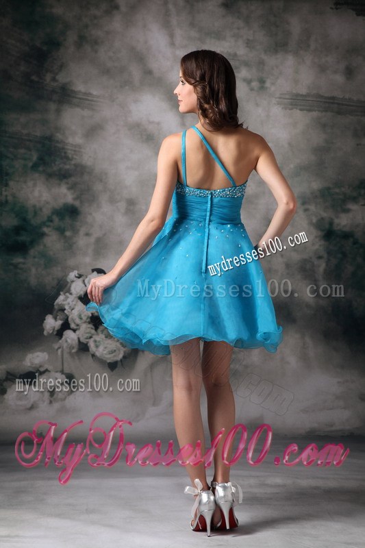 Mini-length Aqua Blue A-line One Shoulder Organza Prom Gown with Beading