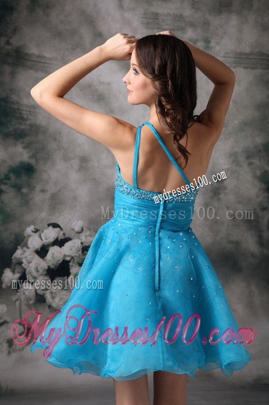 Mini-length Aqua Blue A-line One Shoulder Organza Prom Gown with Beading