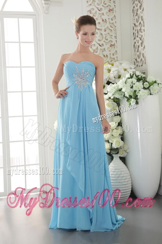 Sweetheart Brush Train Beading and Ruche Decorate Prom Gown in Aqua Blue