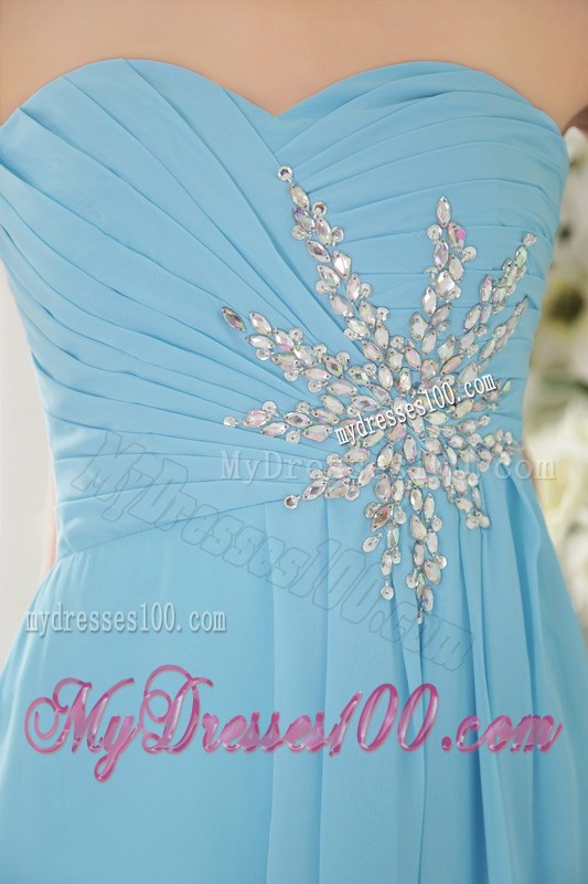 Sweetheart Brush Train Beading and Ruche Decorate Prom Gown in Aqua Blue