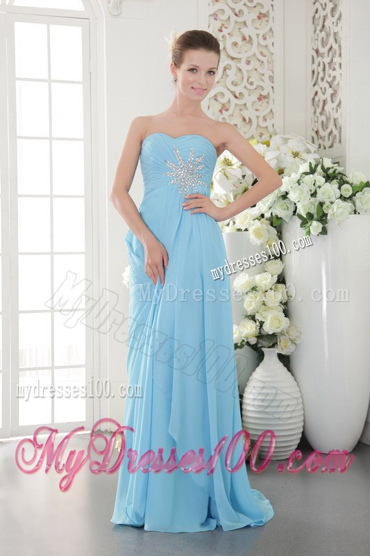 Sweetheart Brush Train Beading and Ruche Decorate Prom Gown in Aqua Blue