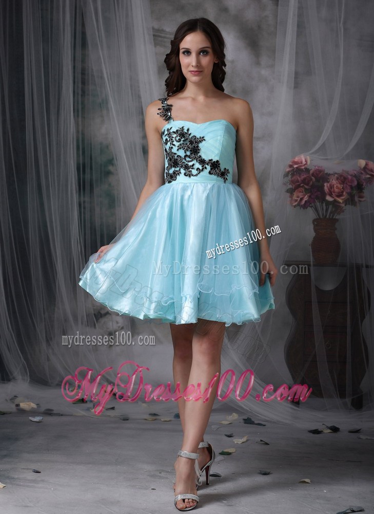 Aqua Blue A-line One Shoulder Mini-length Organza Appliques Prom